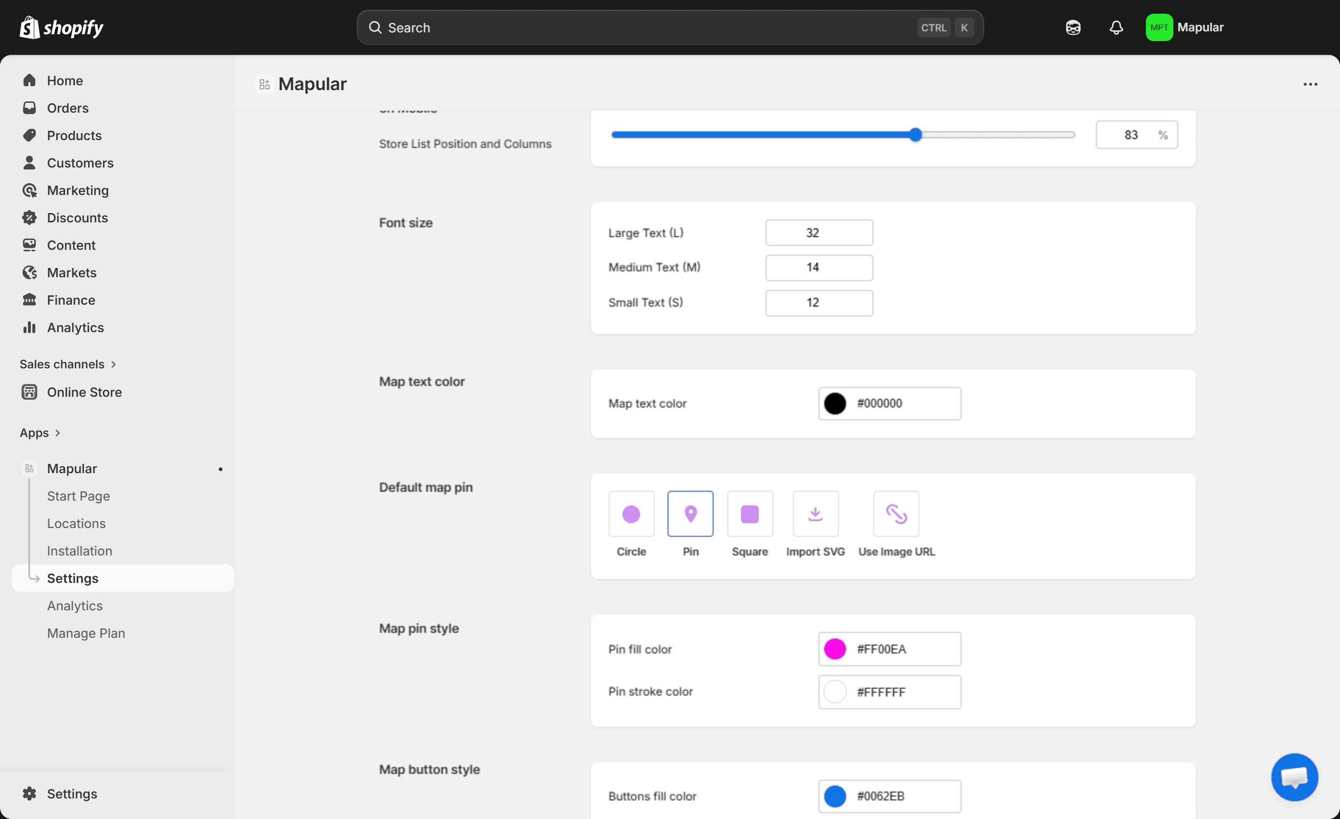 Store Locator settings panel